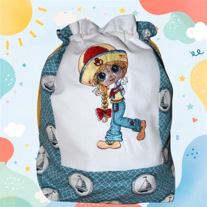 Pochon transport Petit Linge en Coton Brodé Marine 36x34x10 cm