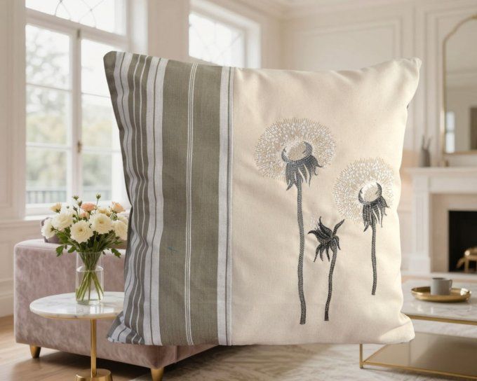 HOUSSE de coussin brodée fleurs de pissenlits