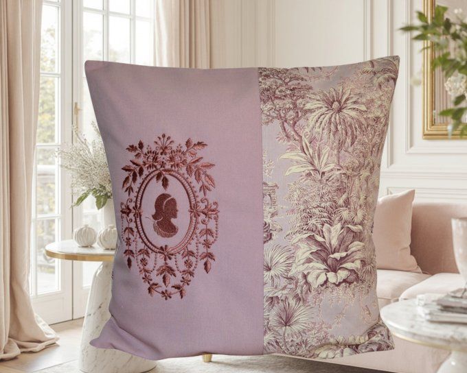 HOUSSE COUSSIN broderie et toile de Jouy ancienne