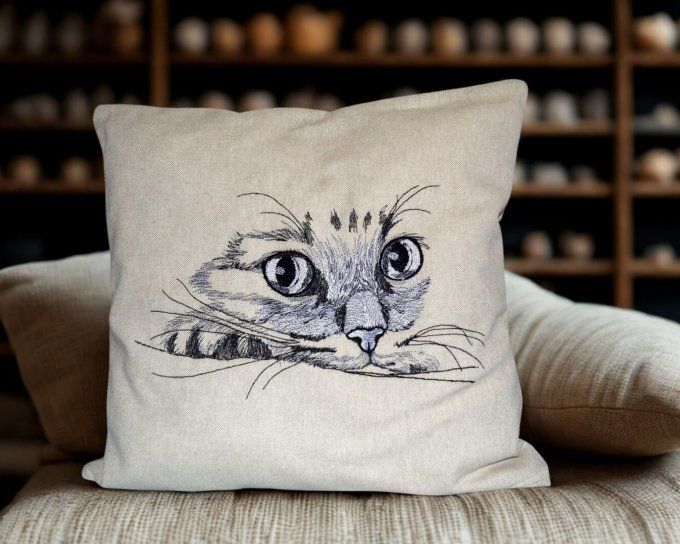 COUSSIN décoratif brodé chat 36 cm x 36 cm déhoussable