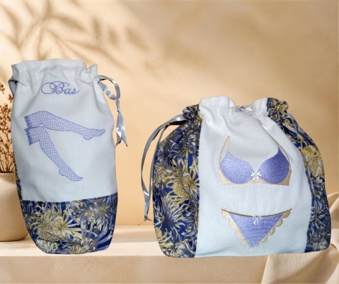 Ensemble pochons brodés - sac de voyage lingerie 